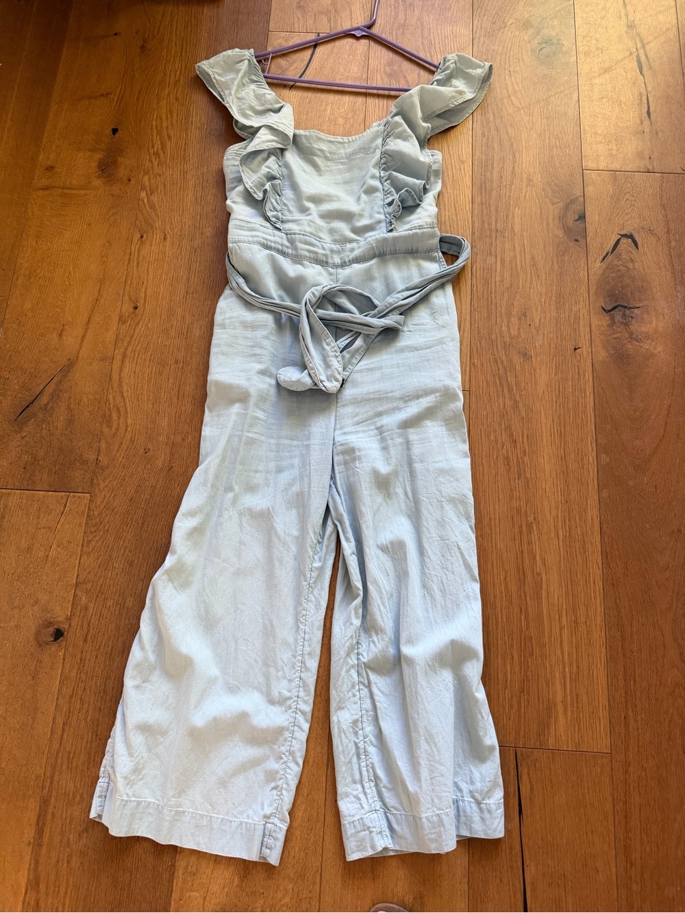 Light Blue Ruffle-Shoulder Wide-Leg Jumpsuit with Waist Tie